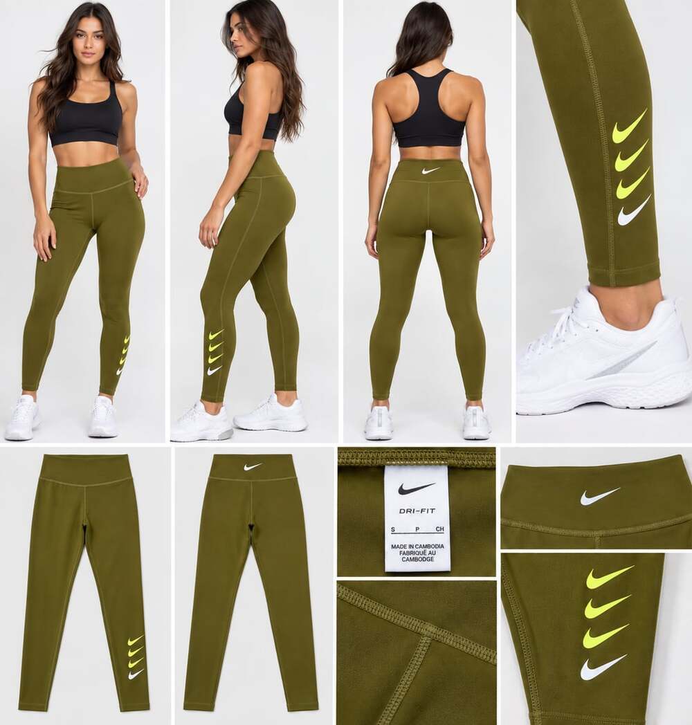 Nike Olive Green Leggings with Neon Swoosh Accent